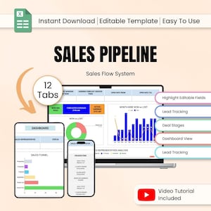 Può includere: Un modello digitale di pipeline di vendita con il titolo "SALES PIPELINE" e il testo "Sales Flow System". L'immagine mostra un laptop e due smartphone che visualizzano dati di vendita, grafici e diagrammi. Il modello include 12 schede e funzionalità come il monitoraggio dei lead e le fasi dell'affare.