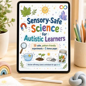 Puede incluir: Una tableta muestra un gráfico educativo colorido titulado "Sensory-Safe Science for Autistic Learners". El diseño incluye ilustraciones de una hoja, sol, imán, lupa y un tarro con hojas. El texto indica que las hojas de trabajo son para edades de 6 a 12 años.