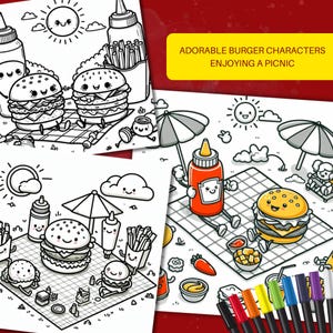 Burger Buddies Picnic Coloring Pages 50 Cute Food-Themed Printable Sheets Digital Download