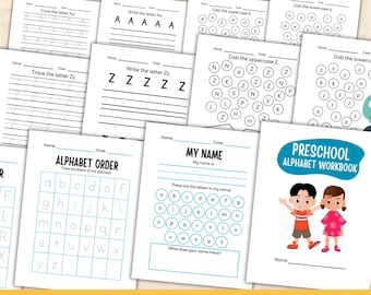 Cuaderno de trabajo del alfabeto preescolar A-Z: trazado, escritura, diversión para estudiantes de primaria, imprimible en PDF