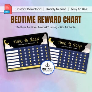 May include: Two printable bedtime reward charts with a navy blue background and yellow stars. The charts have the text "Time to sleep" and "Bedtime Reward Chart". The charts are designed for tracking bedtime routines and reward tracking.