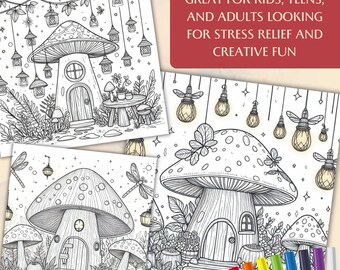 Glowing Mushroom House Coloring Pages - 50 Whimsical Fantasy Cottage Printables, Adult Coloring Book