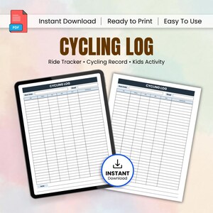 Op de afbeelding: Een digitale fietslog met de tekst "CYCLING LOG" en "Ride Tracker • Cycling Record • Kids Activity". De log is ontworpen voor het eenvoudig bijhouden van fietsactiviteiten. Inclusief een "Direct downloaden" knop.
