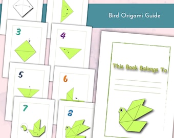 May include: A bird origami guide with step-by-step instructions. The guide features numbered diagrams showing how to fold paper into a bird shape. The cover of the guide has the text "This Book Belongs To" and a green origami bird illustration.