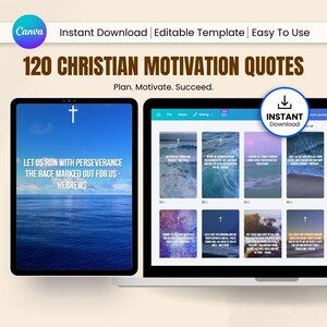 May include: A digital product mockup featuring a tablet and laptop displaying Christian motivational quotes. The tablet shows a blue sky and ocean scene with a cross and text. The laptop displays several quote cards with crosses.