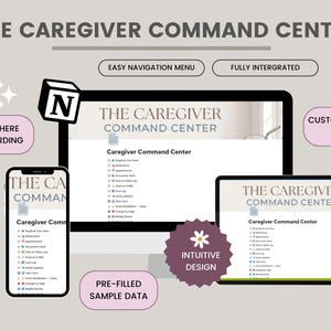 May include: A digital interface titled "The Caregiver Command Center" displayed on a computer monitor, tablet, and smartphone. The interface features a menu and sample data. Additional text includes "Easy Navigation Menu" and "Fully Integrated."