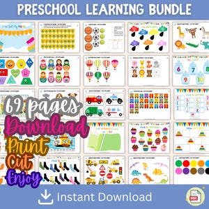 May include: A colourful printable preschool learning bundle with 69 pages of activities. The bundle includes activities such as matching, counting, letter recognition, and shape recognition. The activities are designed to help preschoolers learn and grow.