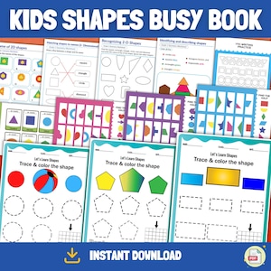 May include: A printable kids shapes busy book with activities for recognizing, matching, and tracing shapes. The book includes worksheets for identifying 2D shapes, matching shapes to names, coloring and describing shapes, and tracing and coloring shapes. The book is designed for preschool and kindergarten children.