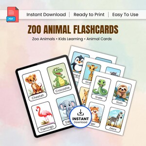 May include: A set of zoo animal flashcards with colorful illustrations of a cheetah, crocodile, flamingo, elephant, penguin, giraffe, snake, sloth, tiger, and zebra. The cards are designed for kids learning and are ready to print.