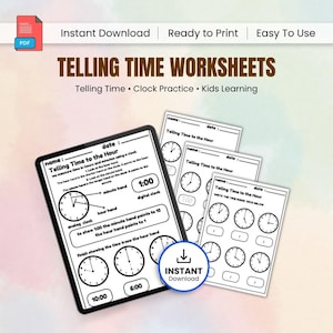May include: A digital download of telling time worksheets for kids. The image shows a tablet and several printed worksheets with clock faces. The worksheets are designed for clock practice and kids learning. The tablet displays an example of how to tell time.