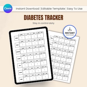 May include: A black tablet and a white paper displaying a diabetes tracker template. The template includes sections for tracking blood sugar levels before and after meals, with the text "Diabetes Tracker" and "Stay in control daily".