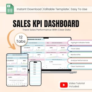 May include: A digital sales KPI dashboard template, displayed on a laptop and two smartphones. The dashboard includes charts and data visualizations for sales performance, with the text "SALES KPI DASHBOARD" and "Track Sales Performance With Clear Data".