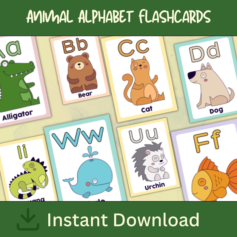 Animal Alphabet Flashcards | Printable ABC Learning Cards With Cute ...