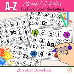 Actividades del alfabeto de la A a la Z: páginas divertidas para imprimir y colorear para el reconocimiento de letras, aprendizaje temprano, preescolar