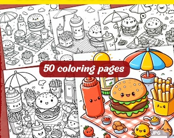 Burger Buddies Picnic Coloring Pages: 50 Food-Themed Sheets (Digital Download)