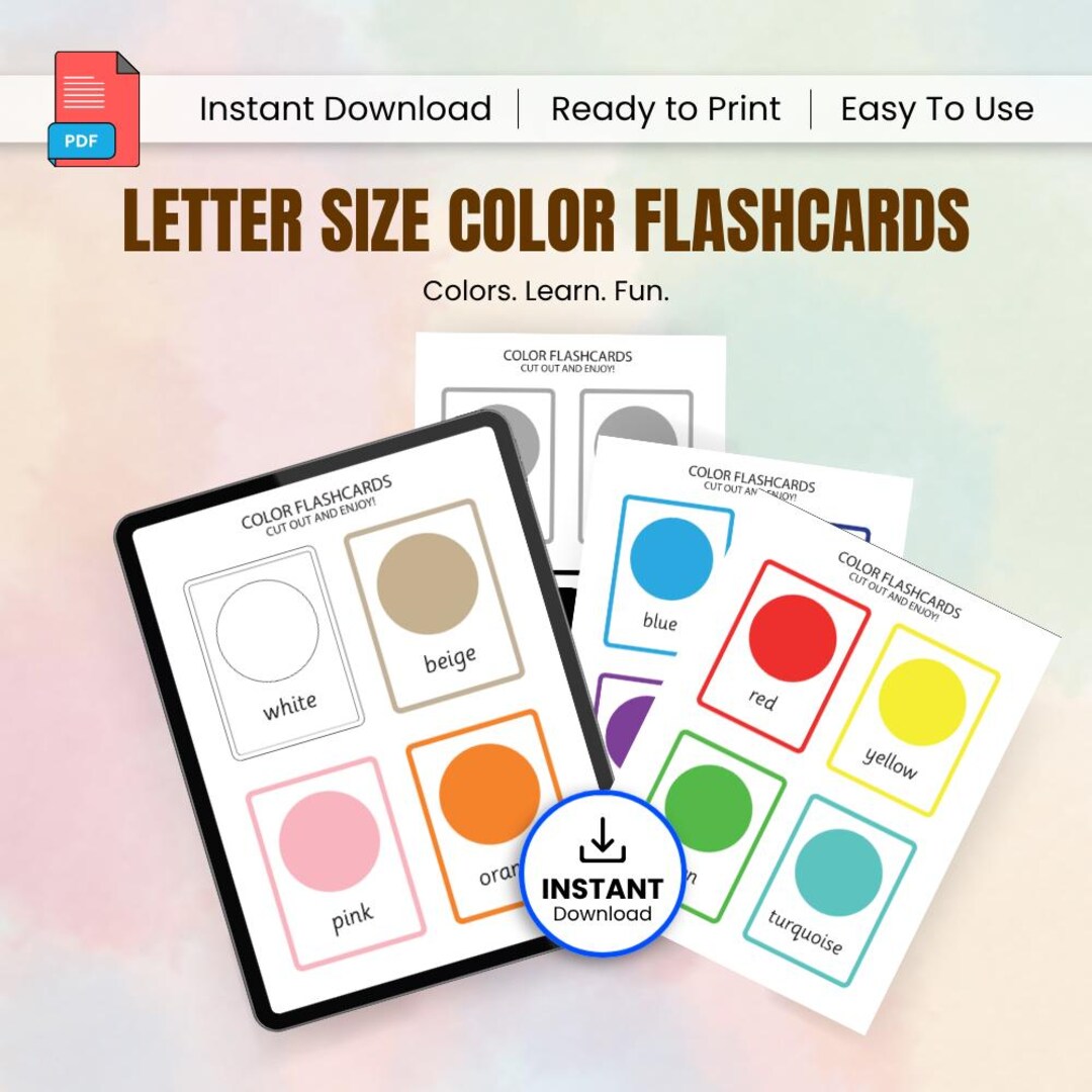 Color Flashcards for Kids Printable PDF, Colors Learning Cards ...