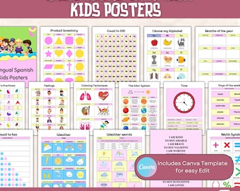 14 Bilingual Spanish English Kids Posters | Educational Classroom & Homeschool Wall Art | Printable Spanish Learning Decor for Children