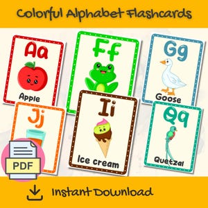 Pre-K lernen bunte Alphabet-Karteikarten | Druckbare ABC-Lernkarten für Kinder | Spaß-Vorschul- und Kleinkind-Bildungsaktivität