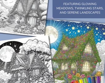 May include: A collection of coloring book pages featuring whimsical illustrations of fairy tale houses surrounded by flowers, trees, and moons. The text reads "FEATURING GLOWING MEADOWS, TWINKLING STARS, AND SERENE LANDSCAPES". A set of colorful markers is visible.