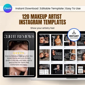 May include: Digital marketing templates for makeup artists, with 120 Instagram templates. The design includes a laptop and tablet displaying examples of client reviews, before and after photos, and special offers. The Canva logo is visible.