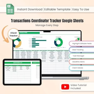 Op de afbeelding: Een digitale Transactions Coordinator Tracker Google Sheets-sjabloon weergegeven op een laptop en tablet. De sjabloon bevat grafieken, grafieken en een vervolgkeuzelijst. Tekst omvat "Direct downloaden", "Bewerkbare sjabloon" en "Gemakkelijk te gebruiken".