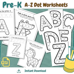 May include: A set of printable alphabet dot worksheets for preschoolers. Each letter is outlined with circles to be filled in with a dot marker. The worksheets feature an alligator, a zebra, and the letters A, B, C, D, E, and Z.