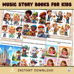 May include: A collection of ten illustrated children's story books about music. Each book features a different musical theme, such as vocal harmony, harmonizing voices, and a musical realm. The books are illustrated with colourful cartoon characters.