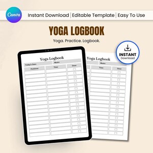 Op de afbeelding: Een digitale yogalogboek sjabloon met een zwarte rand, met secties voor posities, tijd en voltooiingsstatus. De tekst "Yoga Logbook" staat prominent weergegeven, samen met "Yoga. Practice. Logbook." Extra tekst bevat "Direct downloaden".