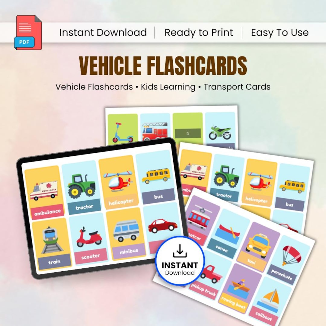 Vehicle Flashcards Printable, Transport Learning Cards PDF, Kids ...