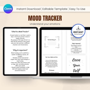 Könnte beinhalten: Digitales Mood-Tracker-Template mit dem Text "MOOD TRACKER" und "Understand your emotions". Die Vorlage enthält Abschnitte zum Verfolgen von Stimmungen, zum Verstehen von Auslösern und zur Selbstreflexion. Das Design ist sauber und einfach zu bedienen.
