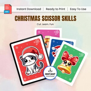 May include: Christmas-themed scissor skills activity cards. The cards feature festive illustrations of a cat in a Santa hat, an angel, a bell with a red bow, and Santa Claus. The text on the cards reads "Christmas Scissor Skills" and "Cut. Learn. Fun."
