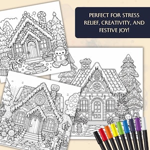 Gingerbread Village Coloring Pages 50 Holiday Cottage Printables for Kids Adults Instant Digital Download