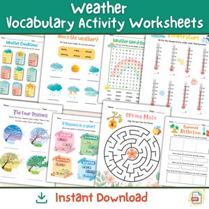 Hojas de trabajo de vocabulario sobre el clima / Actividades divertidas, coloridas y atractivas para niños / Búsqueda de palabras, estaciones, laberintos y más / Educación preescolar en el hogar