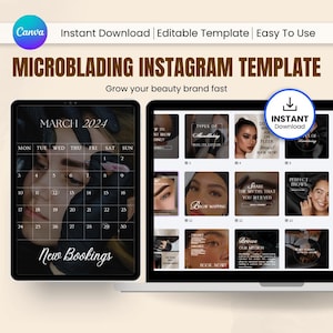 May include: A digital template for microblading Instagram posts. The design includes a calendar for March 2024, sample posts, and the text "New Bookings." The template is easy to use and instantly downloadable.
