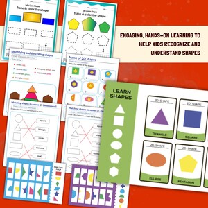 Könnte beinhalten: Lehrreiche Arbeitsblätter zum Erlernen von Formen. Das Bild zeigt verschiedene Arbeitsblätter mit geometrischen Formen, darunter Dreiecke, Quadrate und Fünfecke. Die Arbeitsblätter sollen Kindern helfen, Formen zu erkennen und zu verstehen. Der Text auf den Arbeitsblättern lautet "Learn Shapes".