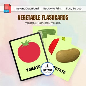Puede incluir: Tarjetas didácticas de verduras con ilustraciones de tomate, patata y pepino. Las tarjetas tienen un fondo verde claro con los nombres de las verduras en texto negro en negrita. También se ven las palabras "Descarga instantánea", "Listo para imprimir" y "Fácil de usar".