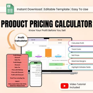 May include: A product pricing calculator template with the text "Product Pricing Calculator" and "Know Your Profit Before You Sell". The image includes a laptop, a phone, and a video tutorial button. Features include profit calculation, cost tracking, and price setting.
