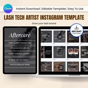 May include: A digital template for a Lash Tech Artist Instagram, featuring a laptop and tablet displaying Instagram post examples. The template includes sections on aftercare, lash care tips, and client testimonials. The design is in shades of grey and white.