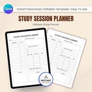 May include: A digital study session planner displayed on a tablet and a printed version. The planner features sections for scheduling, goals, and notes. The design includes the text "STUDY SESSION PLANNER" and "Instant Download".