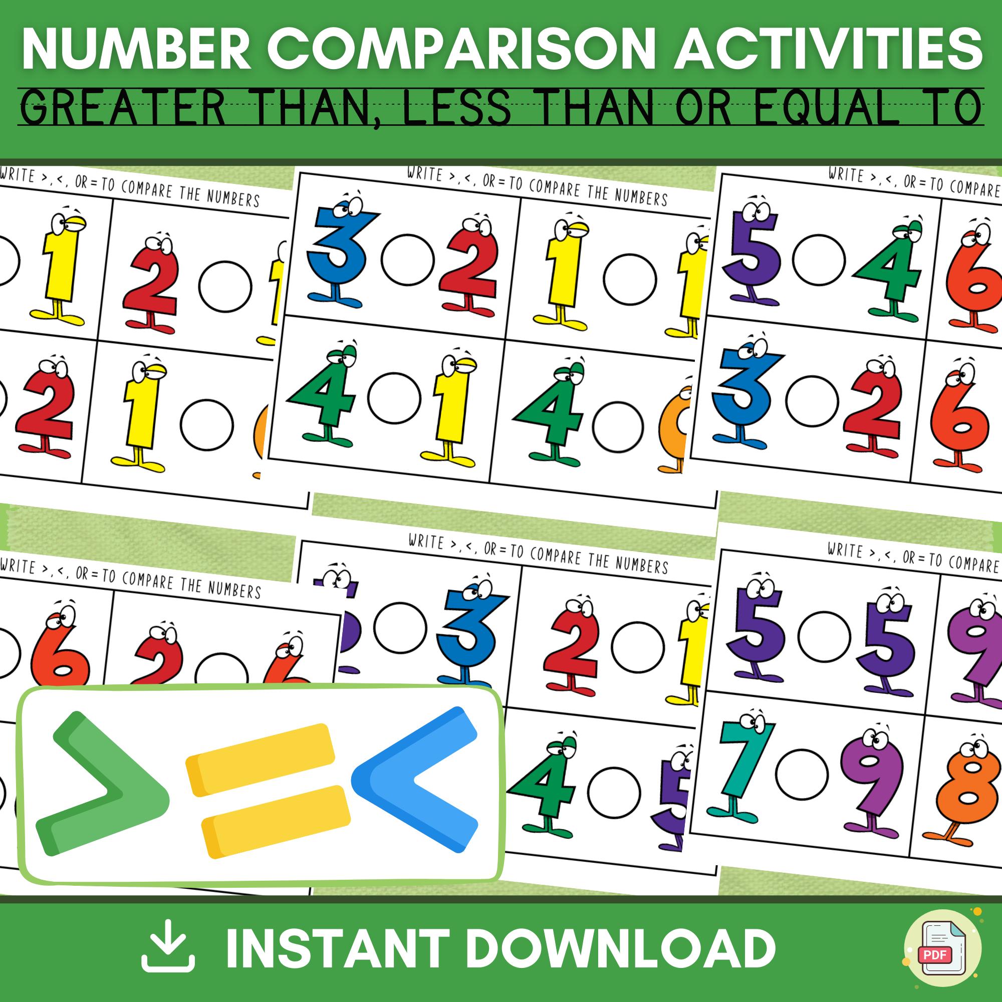 Number Comparison Activities - Greater Than, Less Than, or Equal To | Fun and Simple Math Worksheets for Early Learners | Homeshooling PreK