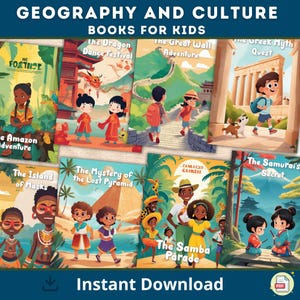 以下が含まれることがあります： 地理と文化に関するイラスト入りの子供向け本10冊のセットです。本には、伝統的な中国のドレスを着た女の子、侍の衣装を着た男の子、伝統的なブラジルのドレスを着た女の子など、さまざまな文化や国の子どもたちのカラフルなイラストが描かれています。本の表紙には、「龍の踊りフェスティバル」、「万里の長城アドベンチャー」、「侍の秘密」、「サンバパレード」などのテキストタイトルも記載されています。