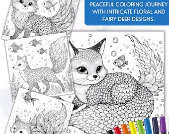 Könnte beinhalten: Ein Malbuch mit vier Schwarzweißillustrationen von Füchsen mit filigranen floralen und Feenhirsch-Designs. Das Buch enthält einen Satz farbige Marker.