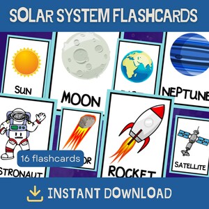 Flashcards zonnestelsel Afdrukbare ruimteleerkaarten voor kinderen Leuke STEM-activiteit voor vroege leerlingen
