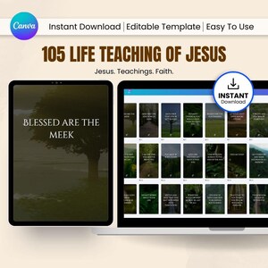 May include: Digital template with the text "105 LIFE TEACHING OF JESUS" and "Instant Download". The image shows a tablet and a laptop displaying the template. The tablet shows the text "BLESSED ARE THE MEEK".