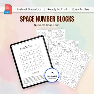 May include: A digital download featuring space-themed number puzzles. The image shows a tablet displaying a puzzle and several printed puzzle sheets with planets, rockets, and stars. Text includes "Space Number Blocks" and "Instant Download."