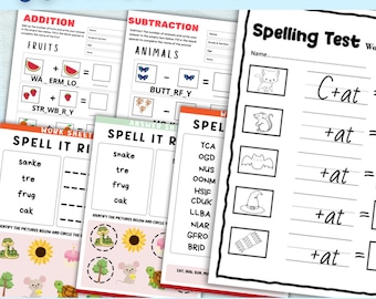 May include: A printable worksheet for kids to practice spelling words. The worksheet features a spelling test with the word "cat" and different variations of the word. The worksheet also includes a section for kids to identify pictures and circle the corresponding word.
