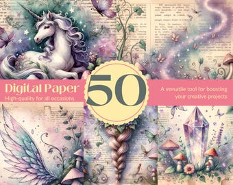 Mystical Fantasy Digital Paper Bundle, Unicorns, Dragons, Fairies, Griffins, Gems, 50 High-Res PNGs, 5000x5000px, Junk Journal & Scrapbook