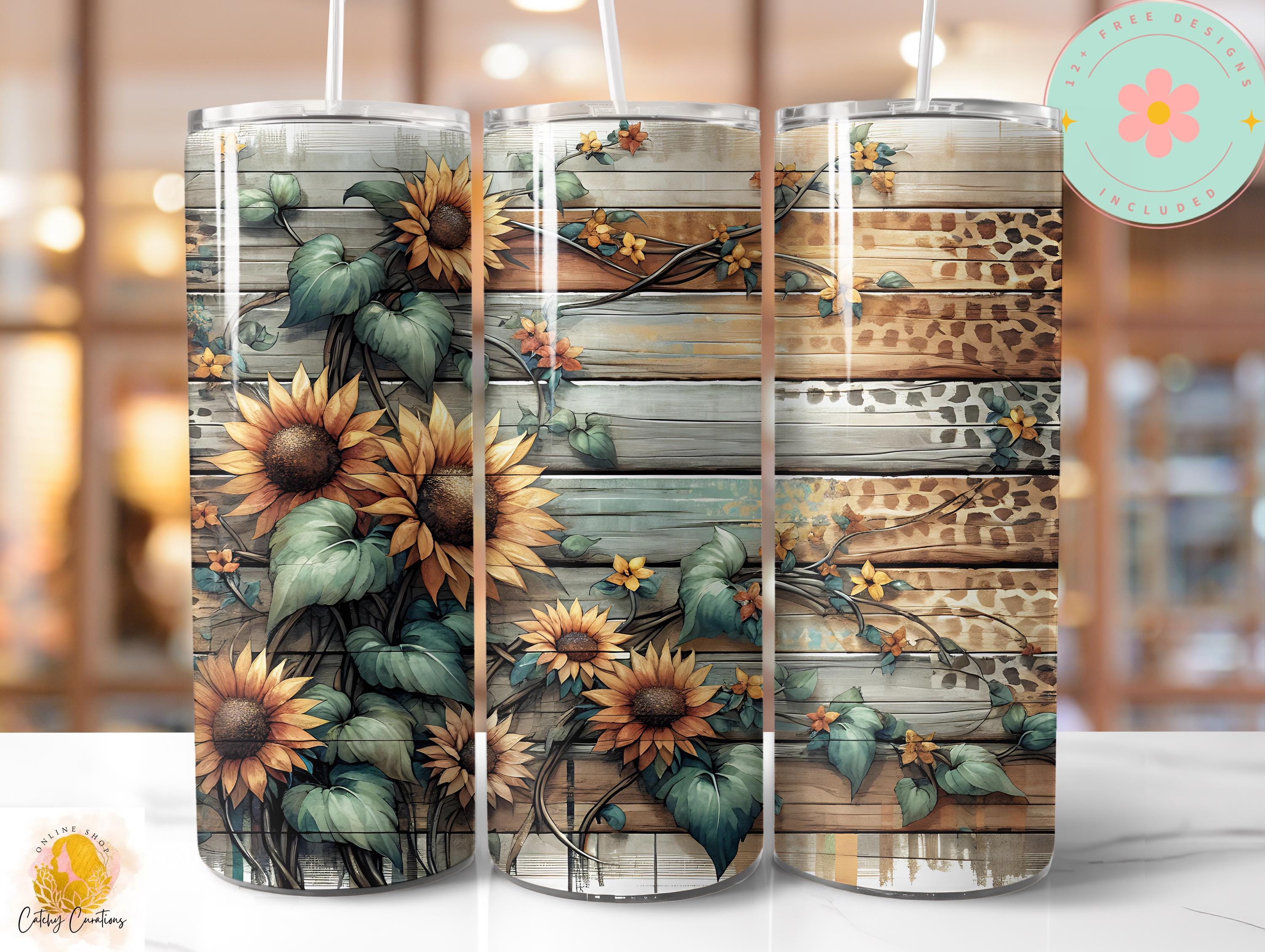 Boho Sunflowers Rustic Leopard Print Seamless Tumbler Wrap, Sunflowers, 20 oz Skinny Tumbler Sublimation Design Wrap, Digital Download PNG