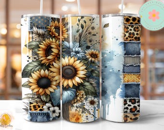 Boho Sunflowers Denim Leopard Print Seamless Tumbler Wrap, Sunflowers, 20 oz Skinny Tumbler Sublimation Design Wrap, Digital Download PNG