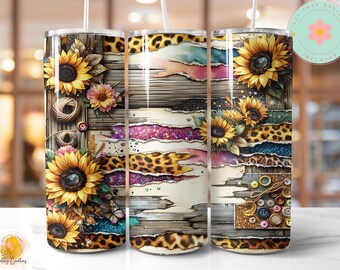 Boho Sunflowers Denim Leopard Print Seamless Tumbler Wrap, Sunflowers, 20 oz Skinny Tumbler Sublimation Design Wrap, Digital Download PNG